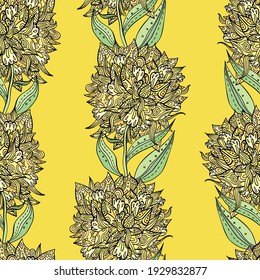 Ornate whimsical yellow seamless pattern. Vector florals. Great for fabric and wallpaper.