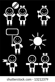 Ornate white children symbols isolated on a black background.