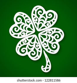 Ornate white cut out paper clover, vector illustration