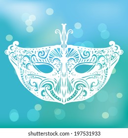 Ornate white fashion carnival mask at blue blur background with glowing lights. Hand drawn vector illustration.