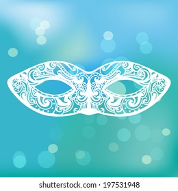 Ornate white fashion carnival mask at blue blur background with glowing lights. Hand drawn vector illustration.