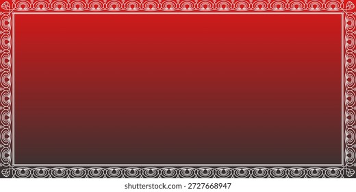Um quadro branco ornamentado com um padrão de rolagem repetido inclui um fundo de gradiente vermelho a escuro, adequado para vários projetos de design gráfico.
