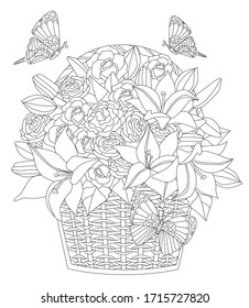 ornate wicker basket with bunch fresh lilies and little roses surrounded flying butterflies for your coloring book