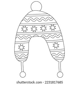 Ornate winter hat with pom pom and ear warmers, doodle style flat vector outline for coloring book