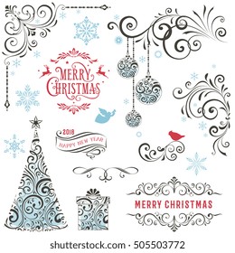 Ornate winter holiday collection with swirls, typographic labels, gift box, Christmas tree and ornaments. Vector file.