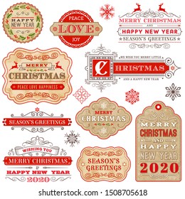 Ornate winter holidays greeting cards with New Year, Christmas ornaments, swirl frames and typographic design. Vector illustration