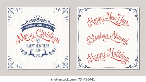 Ornate winter holidays typographic design with reindeer, snowflakes and swirl frames. Merry Christmas, Happy New Year, Blessings Abound and Happy Holidays lettering. Vector illustration.