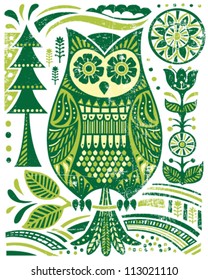 Ornate Woodblock Style Owl