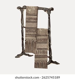 Ornate wooden towel rack with intricate carvings. The towel rack features detailed patterns. Towel rack stands elegantly with carved wooden design. Vintage art illustration vector.