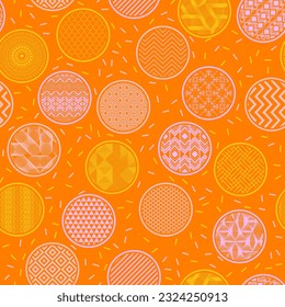 Vector de impresión de papel envolvente ordenado sin problemas. Formas redondeadas con abstracciones geométricas en el interior. Geometría japonesa en círculos. Fondo de textura inclinado. Diseño de empaquetado de regalo.