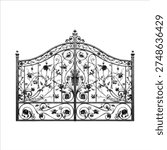 Ornate wrought iron gate in halftone style. Decorative vintage metal fence with floral scrollwork pattern, elegant architectural element isolated on white background.