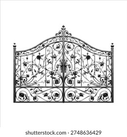 Ornate wrought iron gate in halftone style. Decorative vintage metal fence with floral scrollwork pattern, elegant architectural element isolated on white background.