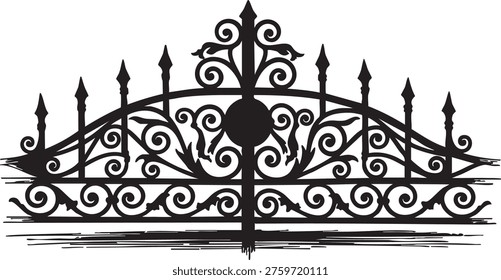 Ornate wrought iron gate with pointed fins and curved scrollwork on white background