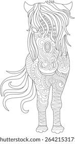 Ornate Zentangle Style Horse Line Art, Intricate black and white line drawing of a horse covered in decorative patterns inspired by zentangle and mandala art. Ideal for adult coloring books,