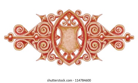 Ornated bronze vintage decor with heraldic shield. Imitation of watercolor drawing. Vector illustration.