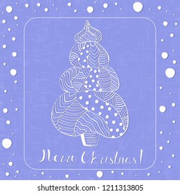 Ornated Christmas Fir Tree, Lettering. Hand drawn, Doodle Christmas Pine Trees with Abstract Patterns, Handwriting Christmas Traditional Wishes, White Snowflakes. Violet Blue Background with Texture.