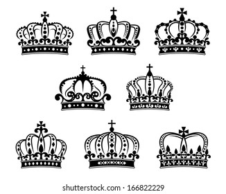 Ornated heraldic royal crowns set isolated on white background for design