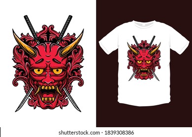 Ornated japanese oni mask, warrior mask vector illustration. Design of red demon mask with ornaments and katana sword for t-shirt, poster, tattoo