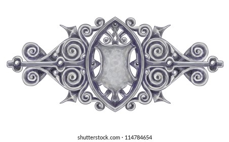 Ornated silver vintage decor with heraldic shield. Imitation of watercolor drawing. Vector illustration.