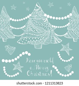 Ornated White Christmas Trees with Toys, Chaplets and Hand Written Lettering on Pewter Blue Background. Greeting Card for Winter Season Holidays. Boho, Zentangle, Doodle Style Pattern.
