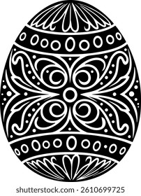 Ornately decorated black and white Easter egg in vector format with an elegant swirl pattern. Festive silhouette, ideal for Easter crafts and design. Clean vector format for versatile use.