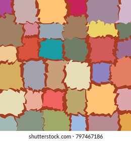 Ornately edged geometrical forms randomly rotated to create modern, rustic, colorful pattern