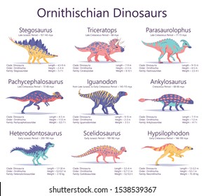 Ornithischian dinosaurs. Set of ancient creatures with information of size, weigh, classification and period of living. Colorful vector illustration of dinosaurs isolated on white background.