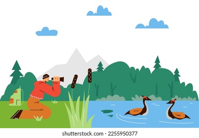 Ornithologe oder Vogelexperte, die Wildvögel in der Natur beobachten, flache Cartoon-Vektorgrafik. Vogelbeobachtung und Ornithologie-Banner-Hintergrund-Design.