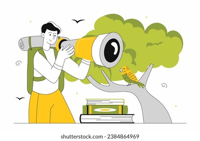 Ornithologist with camera concept. Man take picture of yellow and green parrot. Tropical and exotic bird and animal. Biology and zoology, wild life. Linear flat vector illustration