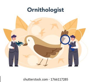 Ornithologist concept. Professional scientist study birds. Zoologist research, naturalist working with bird. Isolated vector illustration