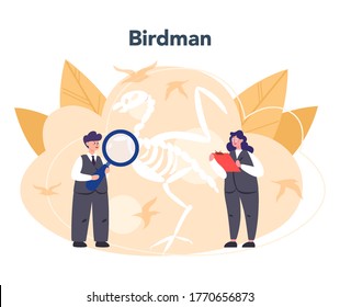 Ornithologist concept. Professional scientist study birds. Zoologist research, naturalist working with bird. Isolated vector illustration