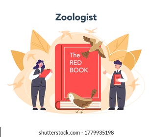 Ornithologist concept. Professional scientist study birds. Zoologist research, naturalist working with bird. Isolated vector illustration