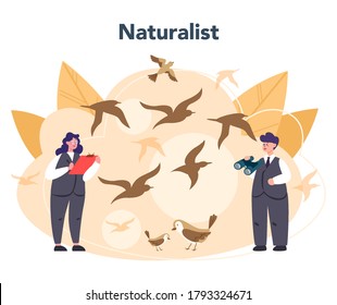 Ornithologist concept. Professional scientist study birds. Zoologist research, naturalist working with bird. Isolated vector illustration