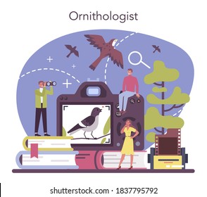 Ornithologist concept. Professional scientist study birds. Zoologist research, naturalist working with bird. Isolated vector illustration