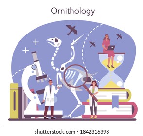 Ornithologist concept. Professional scientist study birds. Zoologist research, naturalist working with bird. Isolated vector illustration