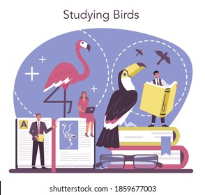 Ornithologist concept. Professional scientist study birds. Zoologist research, naturalist working with bird. Isolated vector illustration