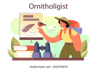 Ornithologist concept. Professional scientist study birds. Zoologist research, naturalist working with bird. Isolated vector illustration