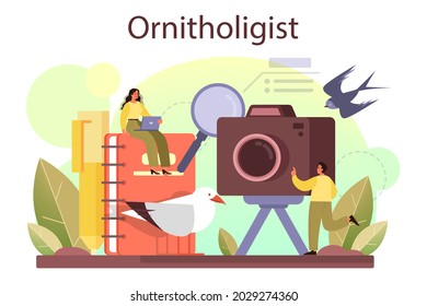 Ornithologist concept. Professional scientist study birds. Zoologist research, naturalist working with bird. Isolated vector illustration