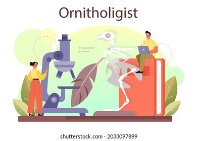 Ornithologist concept. Professional scientist study birds. Zoologist research, naturalist working with bird. Isolated vector illustration