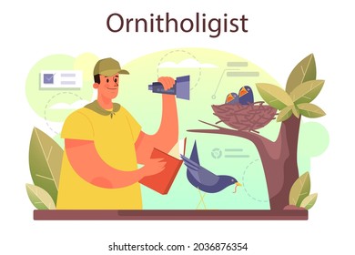 Ornithologist concept. Professional scientist study birds. Zoologist research, naturalist working with bird. Isolated vector illustration