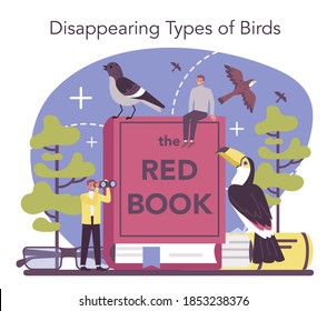 Ornithologist concept. Professional scientist studying endangered species of birds. Zoologist research, naturalist working with bird. Isolated vector illustration