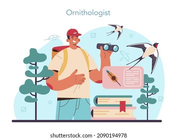 Ornithologist concept. Professional scientist studying birds species, behavior and living areas. Zoologist research, naturalist observing birds. Isolated vector illustration