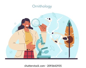 Ornithologist concept. Professional scientist studying birds species, behavior and living areas. Zoologist research, naturalist observing birds. Isolated vector illustration