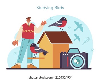 Ornithologist concept. Professional scientist studying birds species, behavior and living areas. Zoologist research, naturalist observing birds. Isolated vector illustration