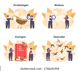 Ornithologist concept set. Professional scientist study birds. Zoologist research, naturalist working with bird. Isolated vector illustration