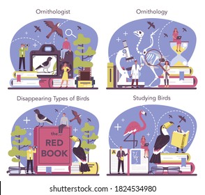 Ornithologist concept set. Professional scientist study birds. Zoologist research, naturalist working with bird. Isolated vector illustration