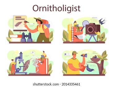 Ornithologist concept set. Professional scientist study birds. Zoologist research, naturalist working with bird. Isolated vector illustration