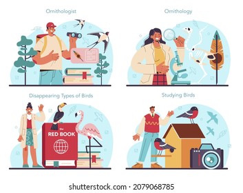 Ornithologist concept set. Professional scientist studying birds species, behavior and living areas. Zoologist research, naturalist observing birds. Isolated vector illustration