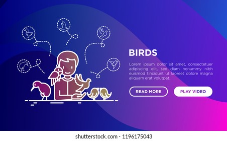 Ornithologist with different types of birds concept. Thin line icons: dove, seagull, kiwi, parrot, sparrow, humming bird. Vector illustration, web page template on gradient background.