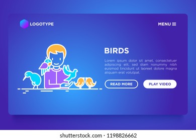 Ornithologist with different types of birds concept. Vector illustration, web page template on gradient background.